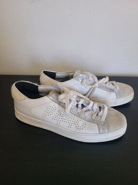 P448 Womens John Low Top Sneaker Shoes Size 41 White Silver Horse Hair Lace Up